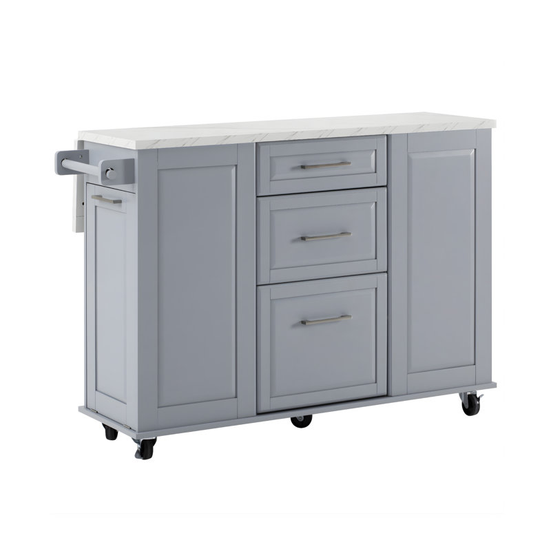 Îlot de cuisine à roulettes 51 po avec abattant, armoire à ordures inclinable et rangement coulissant, gris béton