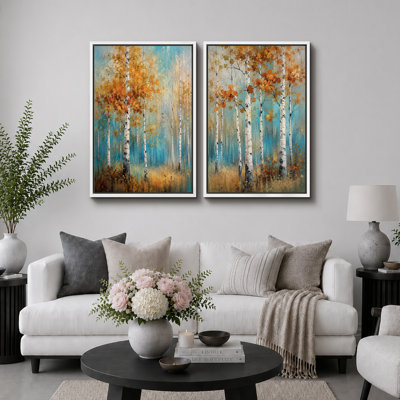 «Autumn Birch Forest Landscape», art de salon, impression sur toile encadrée, 2 pièces