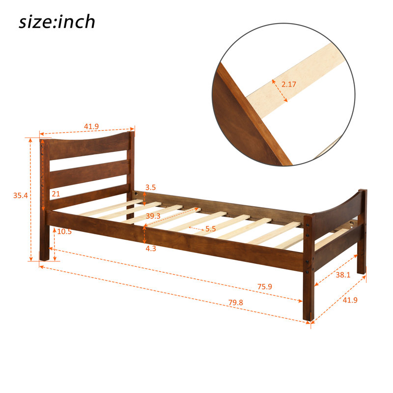 Walnut Wood Platform Bed With Headboard And Tenacious Slat Support For Twin Size Headboard, Color Steady Foundation