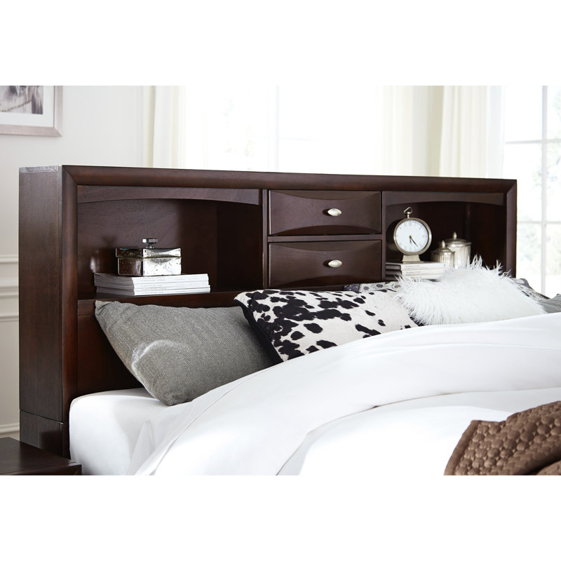 Lit pour chambre double avec bibliothèque, 6 tiroirs de rangement, lit moderne en bois de noyer avec lattes, conception à lattes