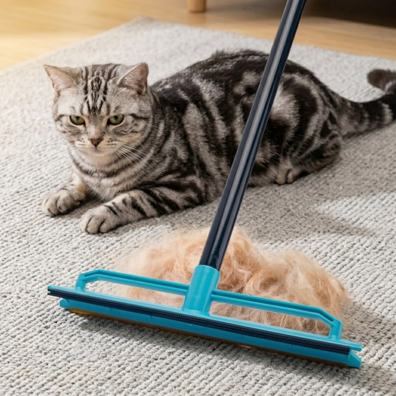 Balai d'épilation réutilisable pour animal de compagnie avec une longue manche de 56 po, un outil de ratissage de tapis pour les poils de chat et de chien