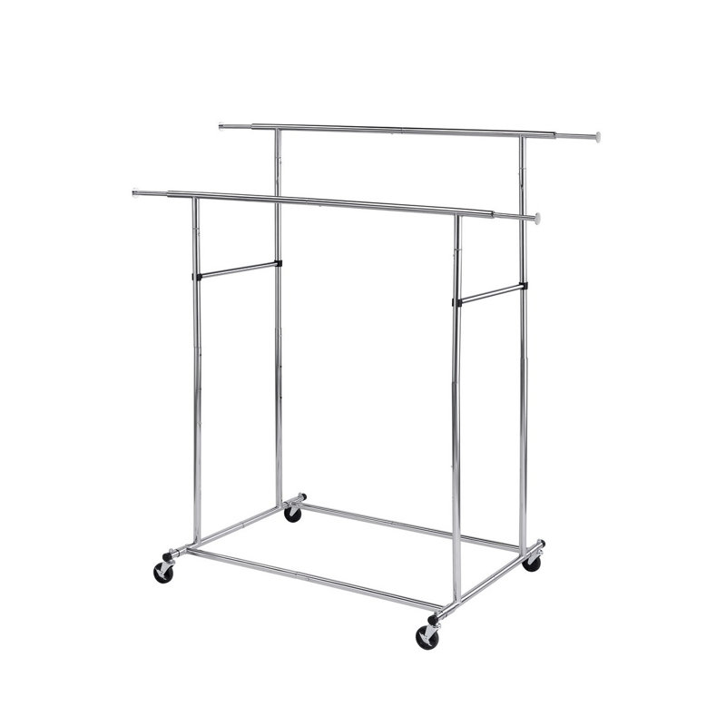 Portant à vêtements industriel à double barre réglable de 165 cm avec roulettes, en métal chromé, idéal pour le commerce de détail et l'organisation à domicile.