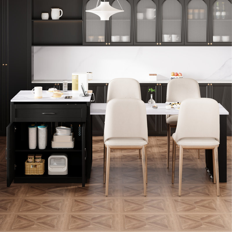 Kitchen Island With Expandable Table For 2-6, Black Cabinet, Double Storage, 2 Open Shelves, Port, Soft Close Hinges Modern Extendable Dining, Ample Side Ac Outlets, Faux Marble Countertop, Locking