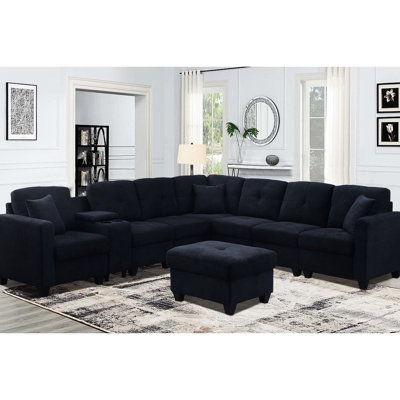 Dark Blue Sectional 7 Microfiber Soft Touch High Skin- Cushions Two Cup Holders Solid Wood Frame Velvety Fabric For Stability