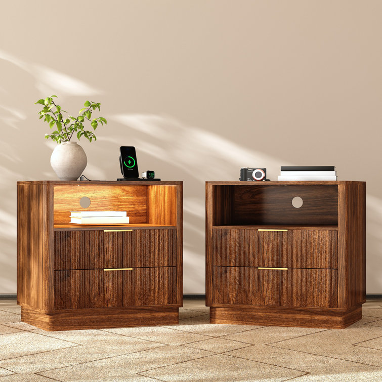 23.6" W 2-Drawer Nightstand with Charging Station and LED Lighting