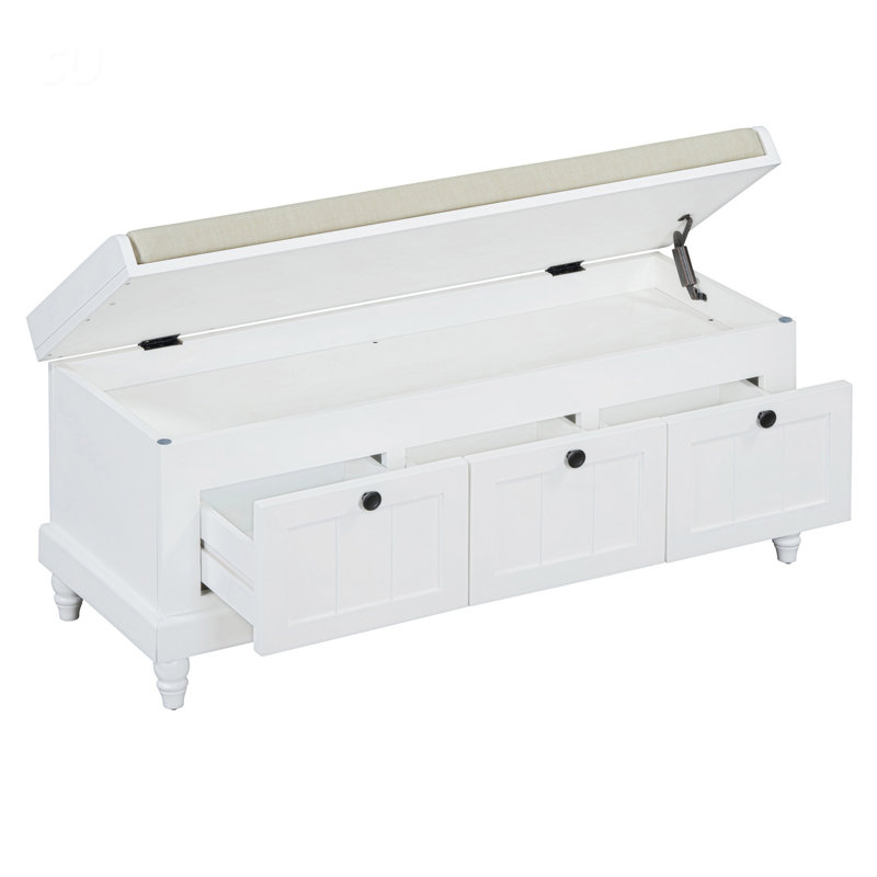 Classic Shoe Bench With Cushion And Three Drawers, Fluted Entryway Storage For Living Room And Hallways, White