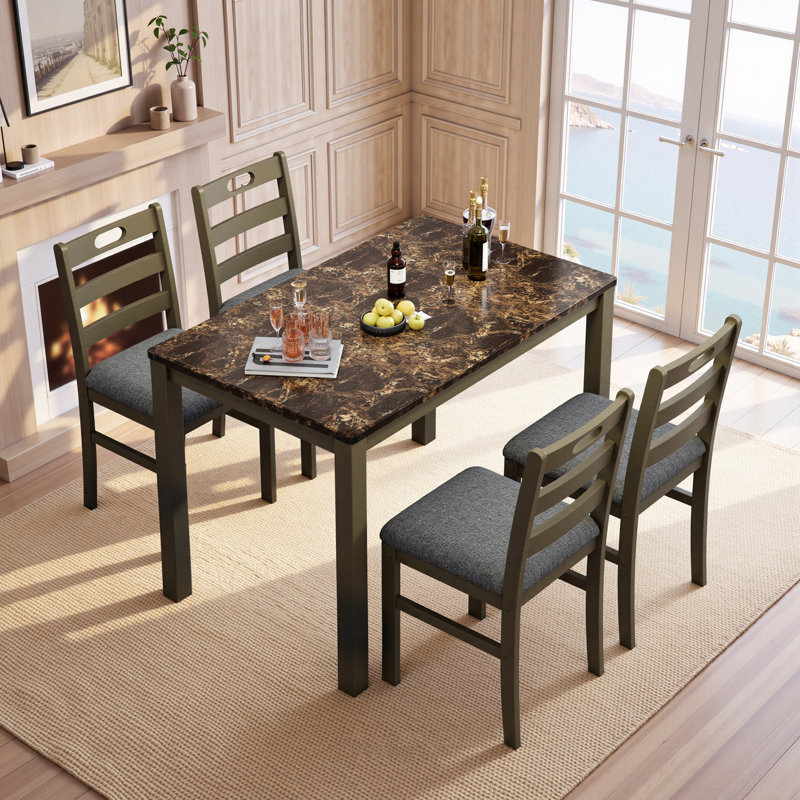 Ensemble de table de salle à manger 5 pièces Modern Farmhouse, Emperador Dark Marble/Olive