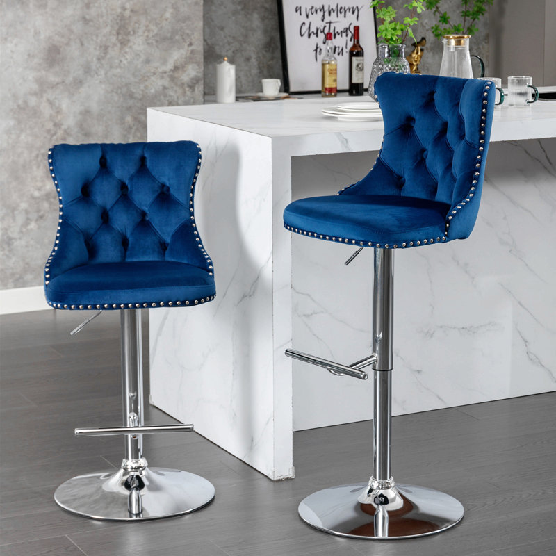 Tabouret de bar pivotant en velours doré épais réglable de 27 à 35 po, tabouret de bar moderne 2 pièces, Bleu