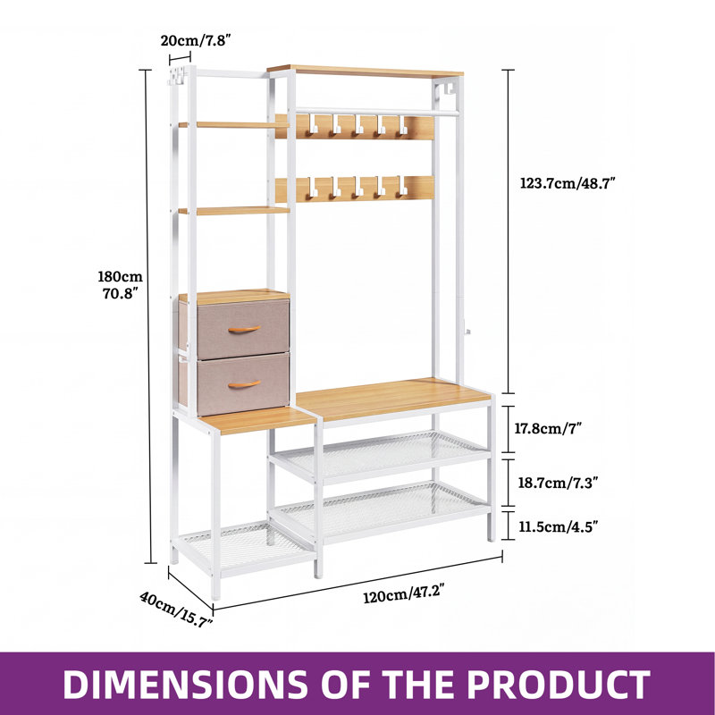 120 cm W Hall Tree with Storage Bench and Shoe Storage, Beige