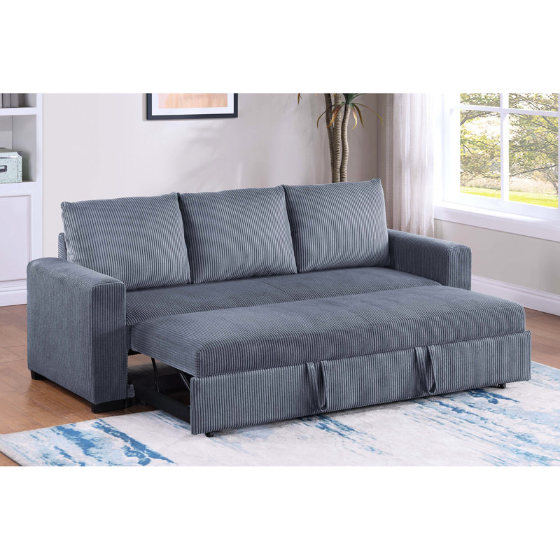 Lit gigogne convertible gris foncé en velours côtelé avec accoudoirs carrés, pieds en plastique et poignées pratiques, idéal pour un espace de vie principal, conception moderne, lit de 85 po de long, 32 po de large, 33 po de haut, pieds contemporains