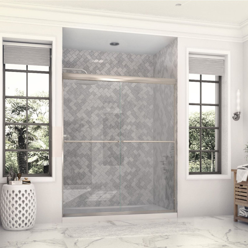 Eurolite l 58 po x H 70,5 po Porte de douche coulissante sans cadre en nickel brossé avec verre transparent épais de 3/8 po (10 mm)
