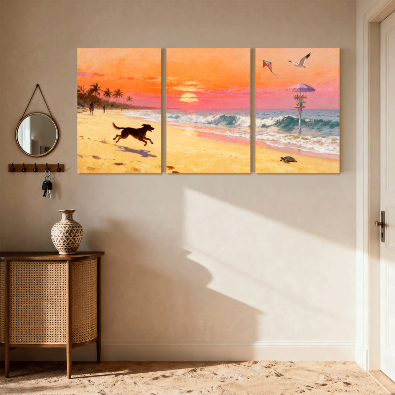 Plage, coucher de soleil, chien, course, palmiers, maître nageur, tour, mouette, cerf-volant, ensemble de 3 impressions sur toile