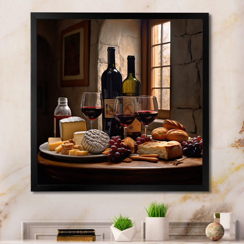 Cheese and Wine I - Wine Wall Art Champagne Wall Decor, Black Picture Framed, 30" H x 30" W