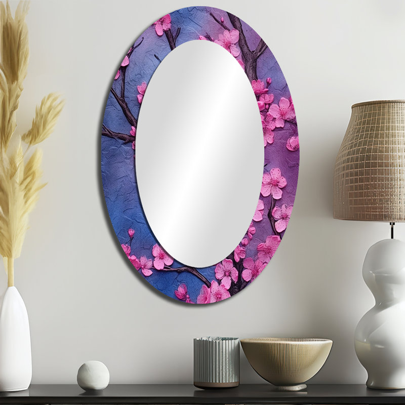 Rose et bleu cerisier en fleurs symphonie I - miroir mural ovale rose, 36 po x 24 po