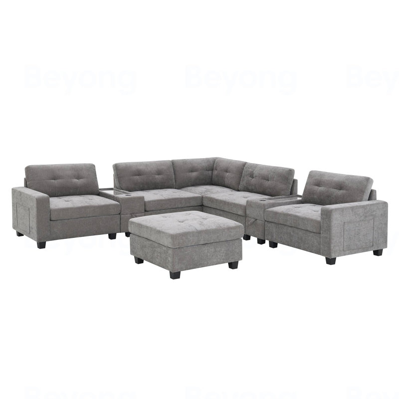 104" Chenille Tufted Upholstered Sectional with a Movable Ottoman and 2 Multifunctional Consoles, Dark Gray Chenille