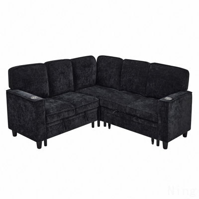 L-Shaped Sofa With Pull Out Sofa Bed, Sleeper Sofa Couch Bed With Storage Seat, 5 Seat Sectional Sofa Bed With Usb, Sectional Sofa Couch For Living Room, Apartment, Charcoal Grey