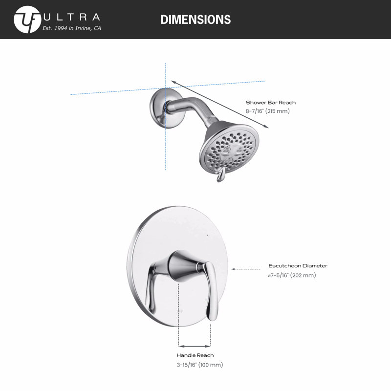 Garniture de douche de la collection Stilleto seulement: pomme de douche ronde à 3 fonctions de 4 po, ensemble de poignée simple et soupape brute incluse - nickel brossé