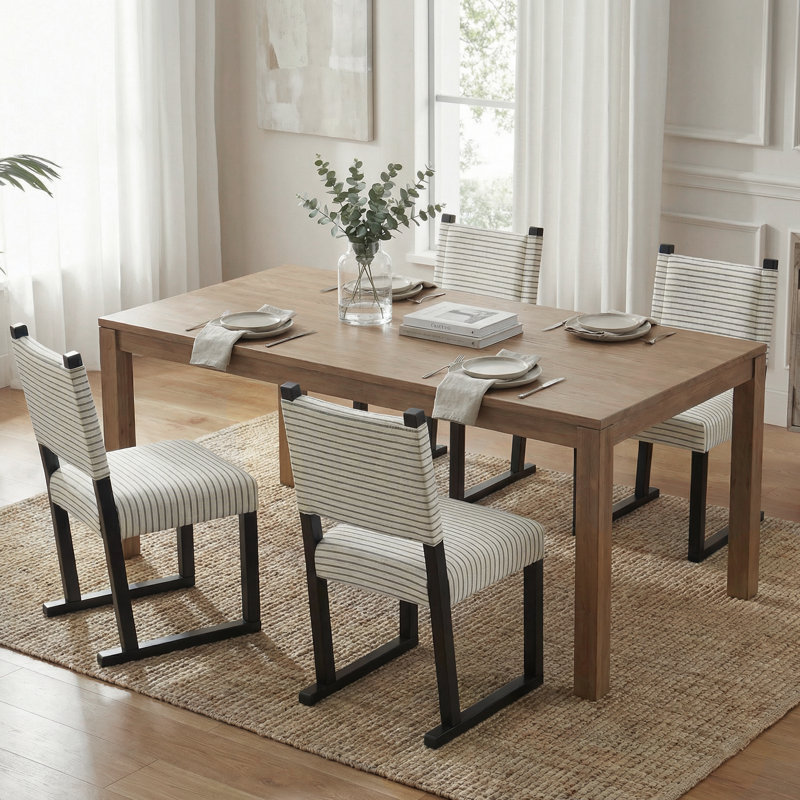 Modern Striped Dining Chairs, Solid Wood Sled Legs in Black (Set of 2), Black Striped, Black