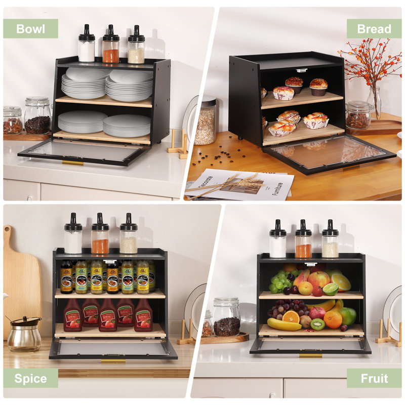 Double Layer Bread Box For Kitchen Counter, Large Capacity Bread Storage Container Bread Box, Black
