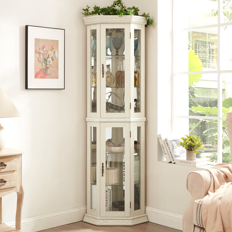 Lighted Corner Curio Cabinet - Glass Display Shelf With Tempered Glass Doors, Adjustable Shelving, White