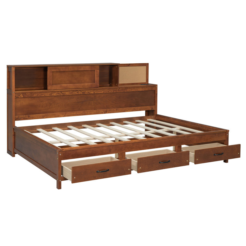 Full Size Wooden Daybed With 3 Storage Drawers, Upper Soft Board, Shelf, And A Set Of Sockets And USB Ports, Walnut, Walnut