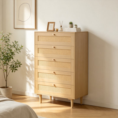 Rattan Wooden Storage Drawer with 5 Drawer Dresser, MDF Modern Bedside Table,Closet Dresser for Bedroom, Living Room, Hallway Storage Cabinet