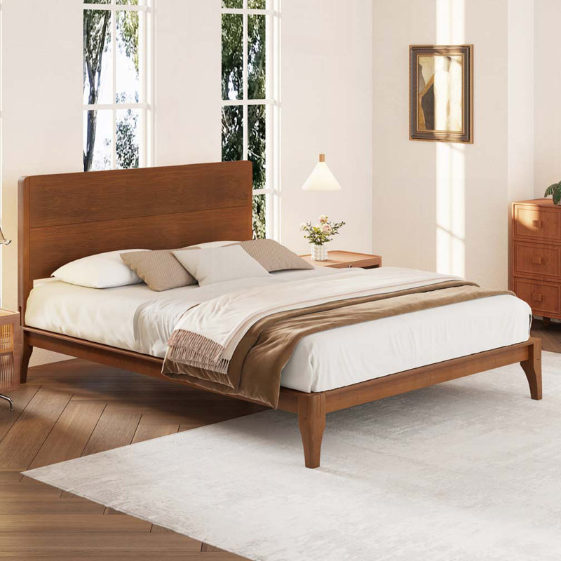 Mid-Century Modern Bamboo Wood Platform Bed With Wood Slat Support, No Box Spring Needed, King, Brown
