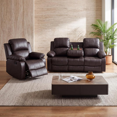 Ensemble de canapés inclinables manuels 2 pièces, ensemble de meubles de salon en tissu bleu pâle comprenant un canapé inclinable 3 places, une causeuse avec console, porte-gobelets et rangement, et un fauteuil inclinable pour home cinéma.