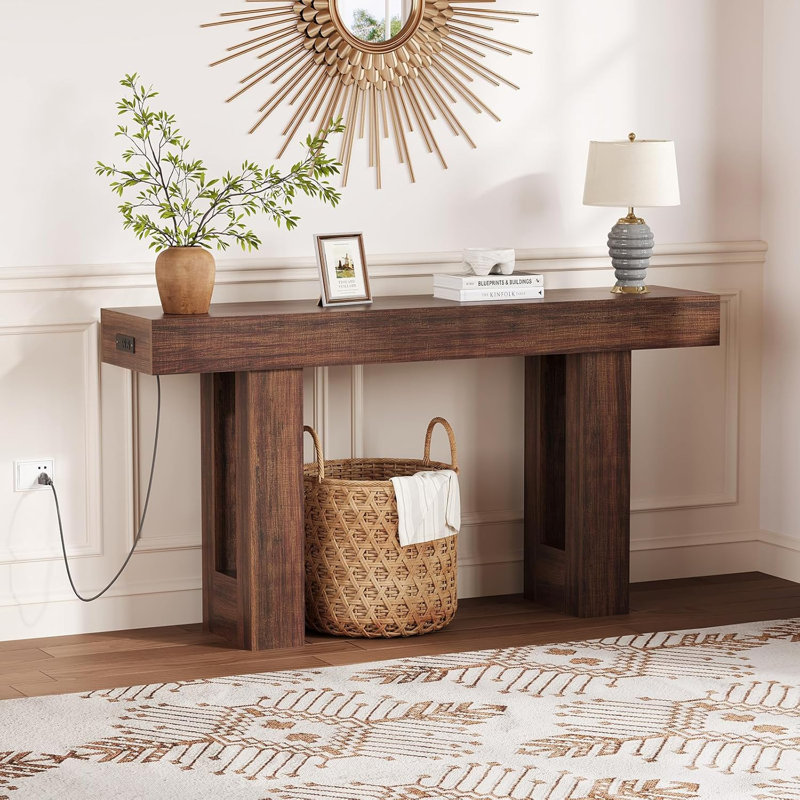 63" Console Sofa Table with Charging Station, Narrow Entryway Table, Brown