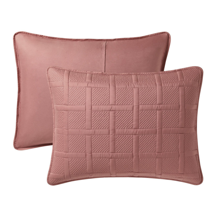 Square 3-Piece Solid Pinsonic Textured Quilt Set, Full / Queen Quilt + 2 Standard Shams, Rose Geometric
