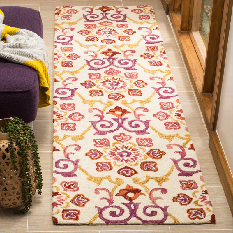 Tapis floral en laine crocheté à la main Tomo, Tapis de couloir 2 pi 3 po x 8 pi