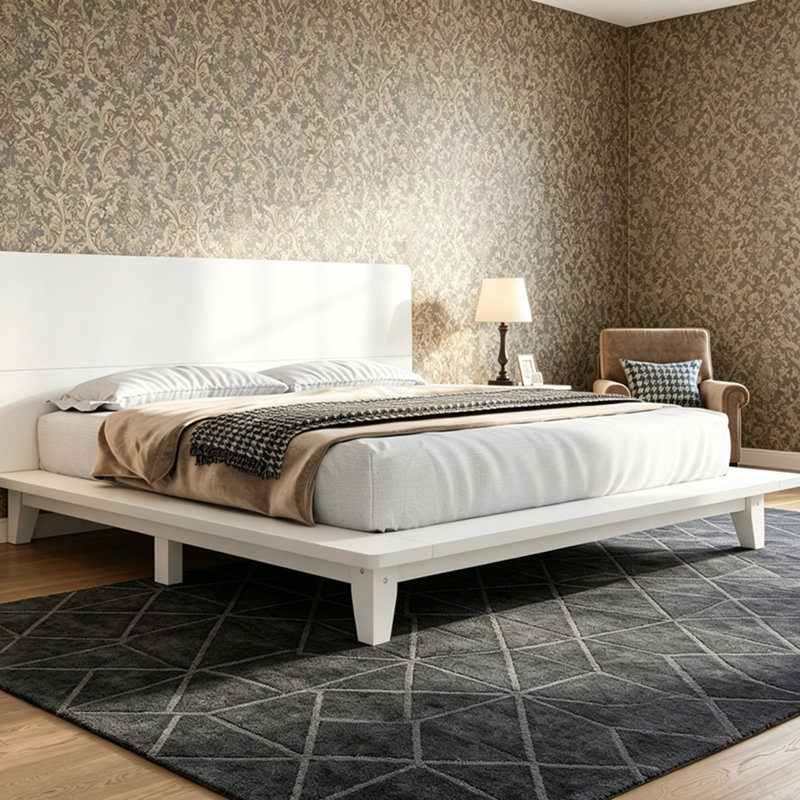 Base de lit plateforme avec tête de lit, support en lattes de bois, Très grand lit, Blanc