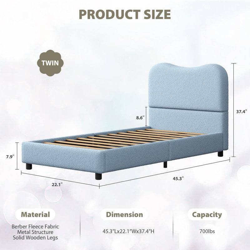 Low Profile Sturdy Platform Bed, With Velvet Upholstered Headboard, Strong Wooden Slats, Blue, Twin