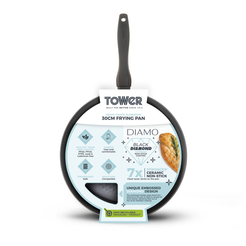 Tower Diamo 24cm - 30cm Frying Pan with Black Diamond Ceramic Non-Stick Coating & Softtex Handle, Aluminium, Black, 30 cm