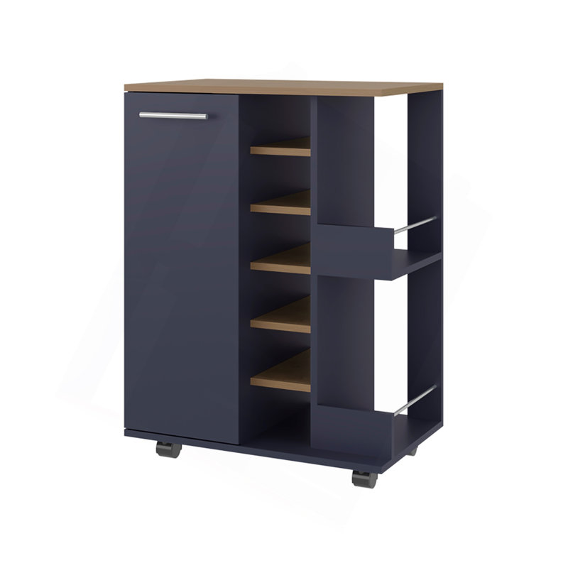 Chariot-bar H 32,3 po, 1 porte, 10 tablettes, bleu Alby / chêne naturel - salon