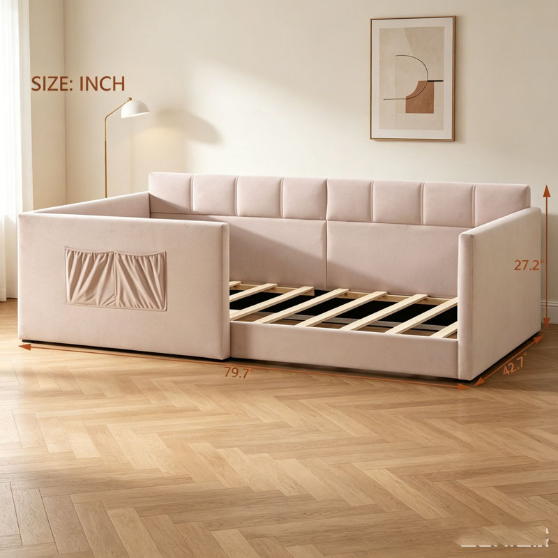 Daybed Velvet Upholstered Sofa Bed with High Side Panels and Side Entrance, Space-Saving Guest Bed with Storage Pockets, Twin