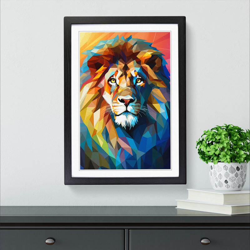 XYZ-FRM-V1223-4258 Lion Cubism No.2 - Single Picture Frame Print on Wood, 34cm H x 25cm W x 2cm D, Black