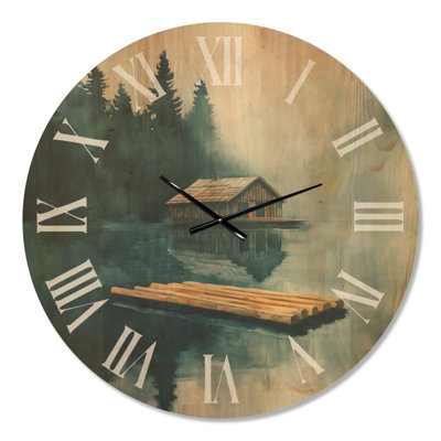 Oversized Landscape Rustic Wooden Wall Clock – Cabin Wood Raft Lake