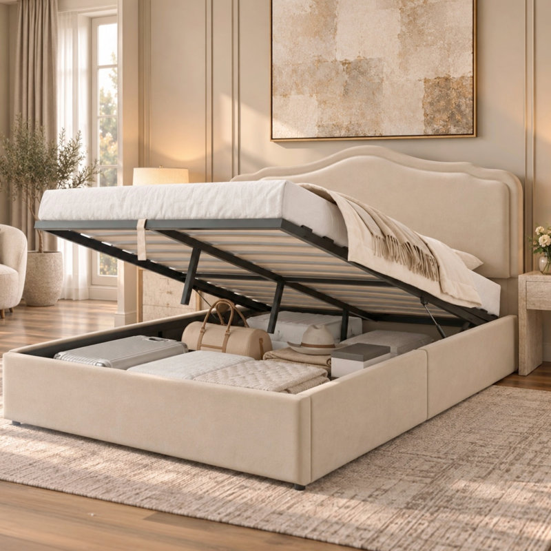 Lift Up Storage Bed Frame, King, Cream White