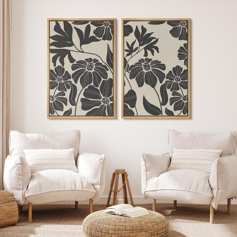 «Monochron floral botanique noir et blanc», 2 pièces sur toile, Naturel, H 24 po x l 16 po