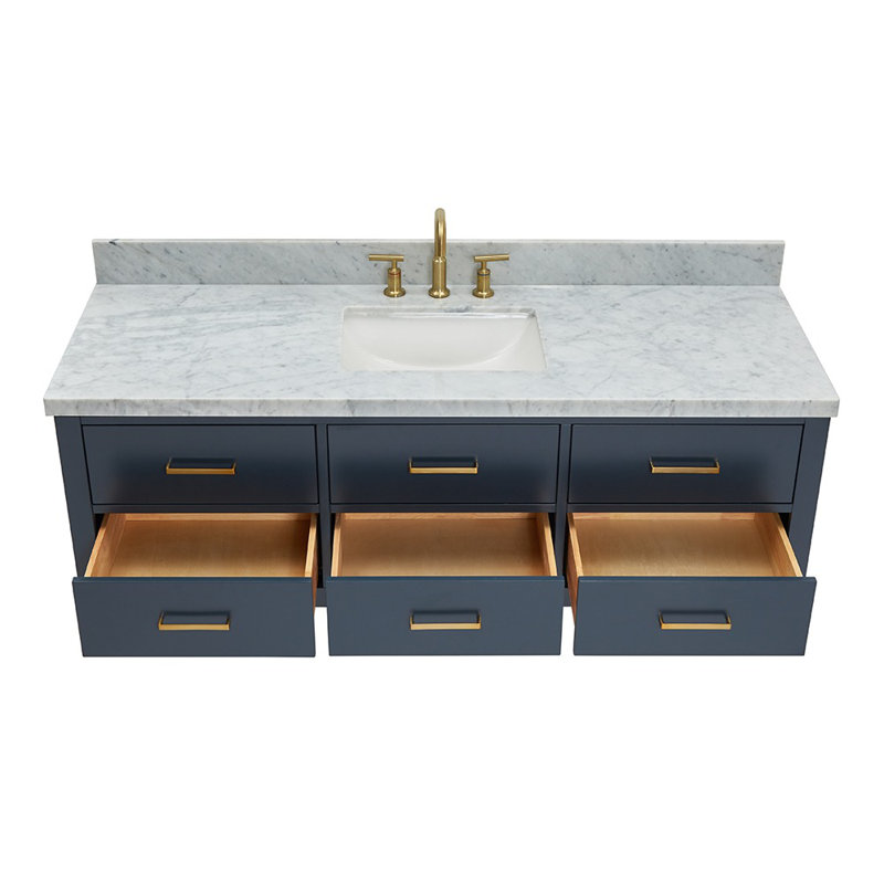 Ensemble de meuble-lavabo mural simple 61 po, Bleu minuit, Laiton satiné