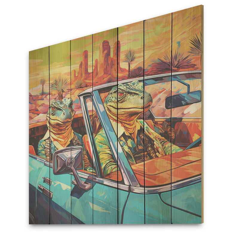 Reptile Riders Alligator And Lizards In Motion - Crocodile Animal On Wood Print, 15" H x 15" W