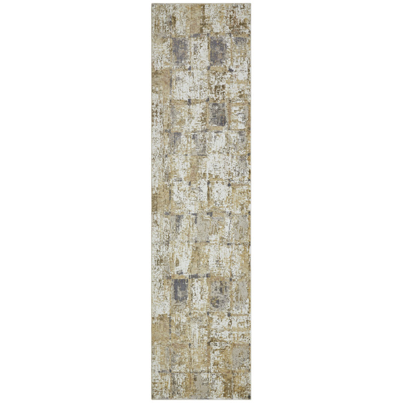 Wallburg Gold Charcoal Grid Abstract Area Rug, Runner 2'6" x 10'