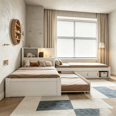 Lit plateforme en L avec rangement, bureau, lit gigogne et lumière DEL