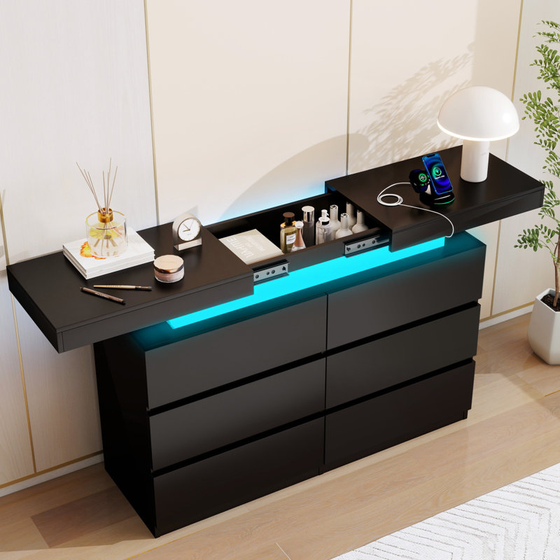 6-Drawer Dresser, Black Dresser, LED Lighted Dresser, Bedroom Storage, Chest Of Drawers, Power Outlet, Motion-Activated LED, USB Rechargeable, Anti-Tip, Entryway Organizer