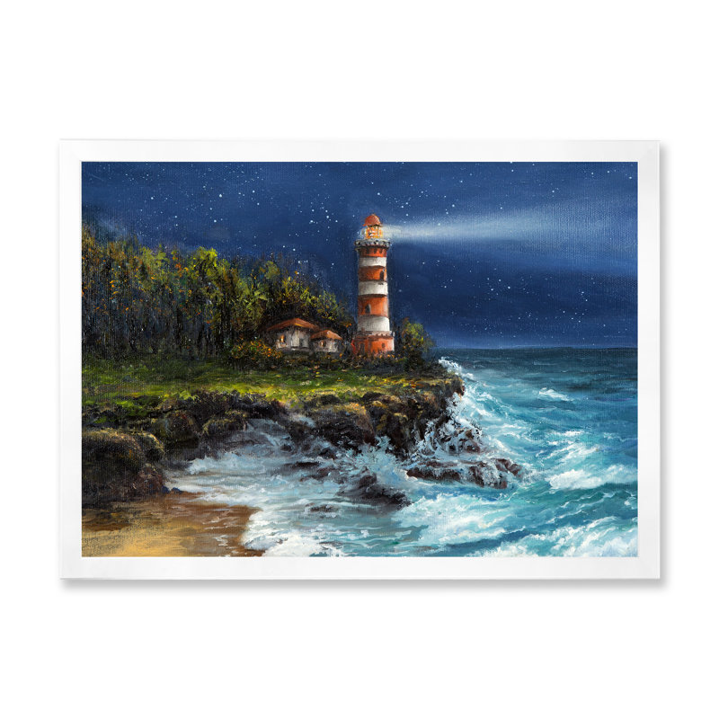 Phare de nuit - reproduction d'art sur toile, H 30 po x l 40 po x P 1,5 po, Cadre photo blanc