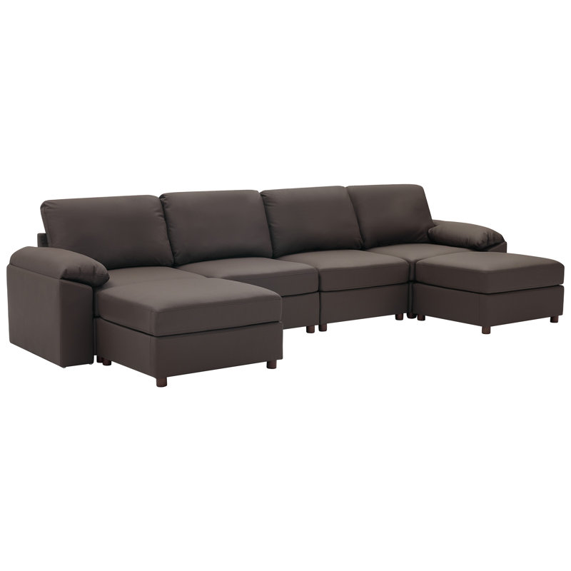 Modern Modular Sectional Sofa With Ottoman, Convertible Shaped PU Leather Couch Collection, Brown Faux Leather