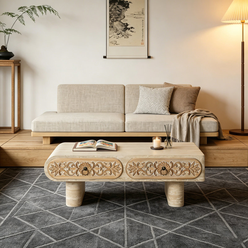 Table basse à bord arrondi avec tiroir en bois massif à motif floral, table basse pour salon, bureau