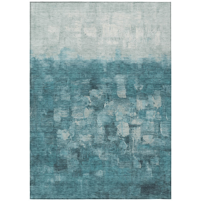 3' X 5' Teal Blue And Silver Abstract Washable Indoor Outdoor Area Rug