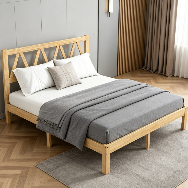 Lit plateforme en bois massif, cadre de lit avec tête de lit et lattes en bois, Grand lit